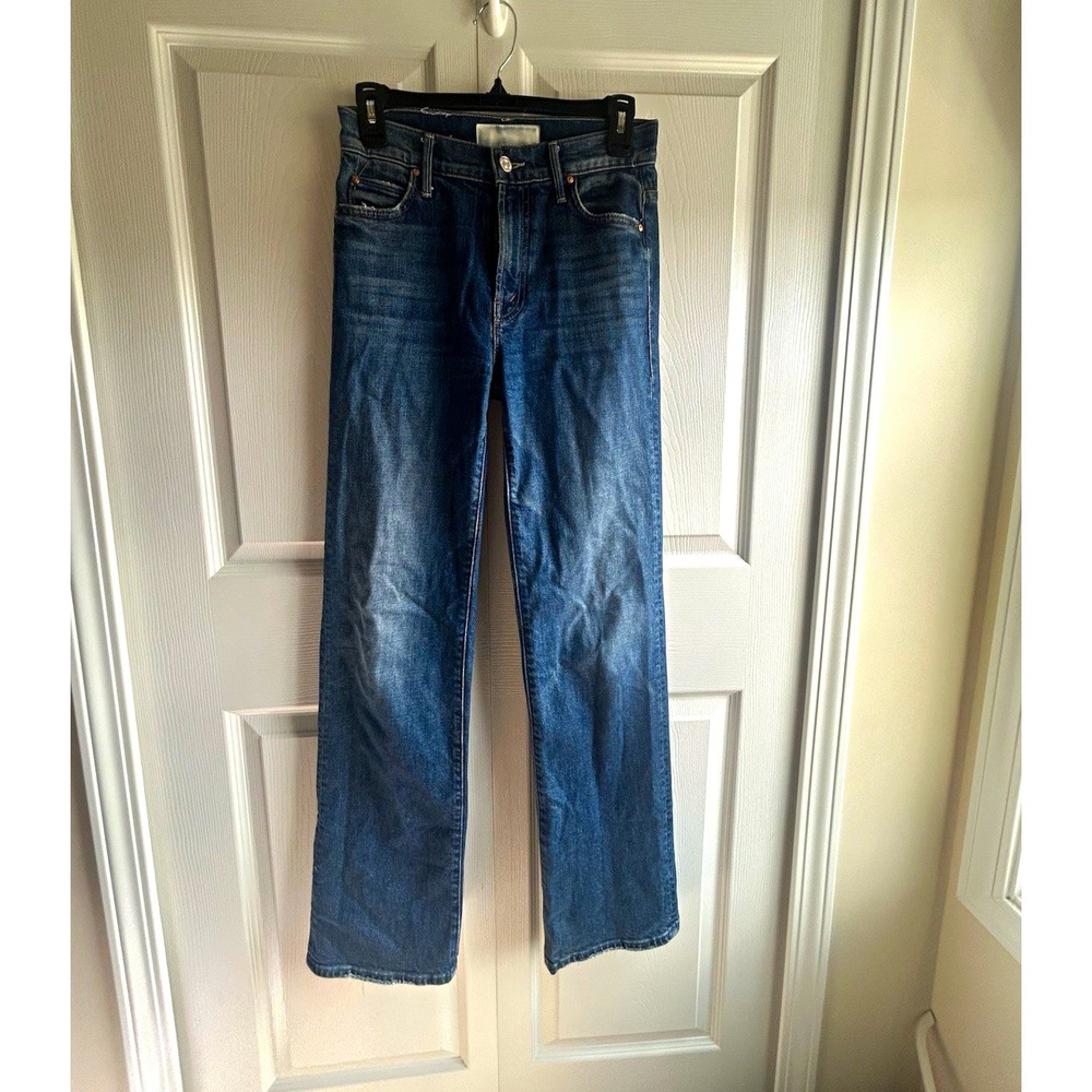 MOTHER Women's Mom Jeans Blue Solid Denim 5-Pocket Logo Zip/Button